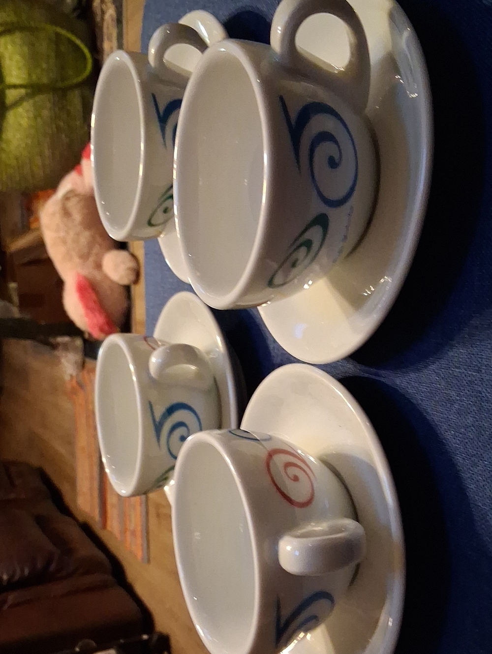 1990's Vintage Starbucks White Ceramic Cups Blue, Green and Red Swirl Accents
